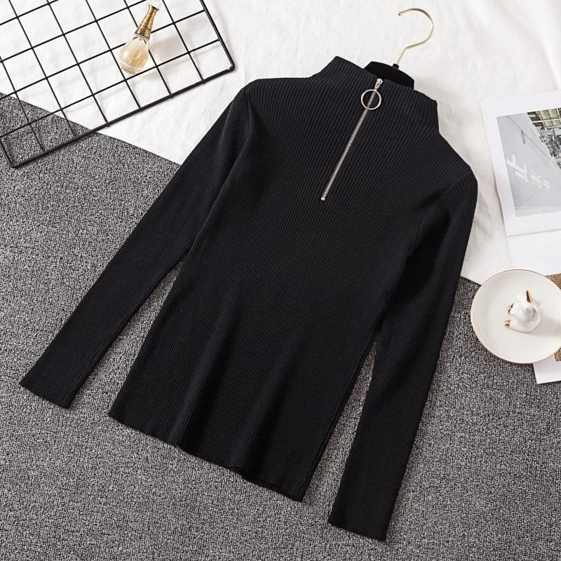Knitted Women Zipper Half High Neck Ring Zipper Slim Top Sweater Pullovers Autumn Winter Basic Women Sweaters Slim Solid Knitwear Pull Femme Tops