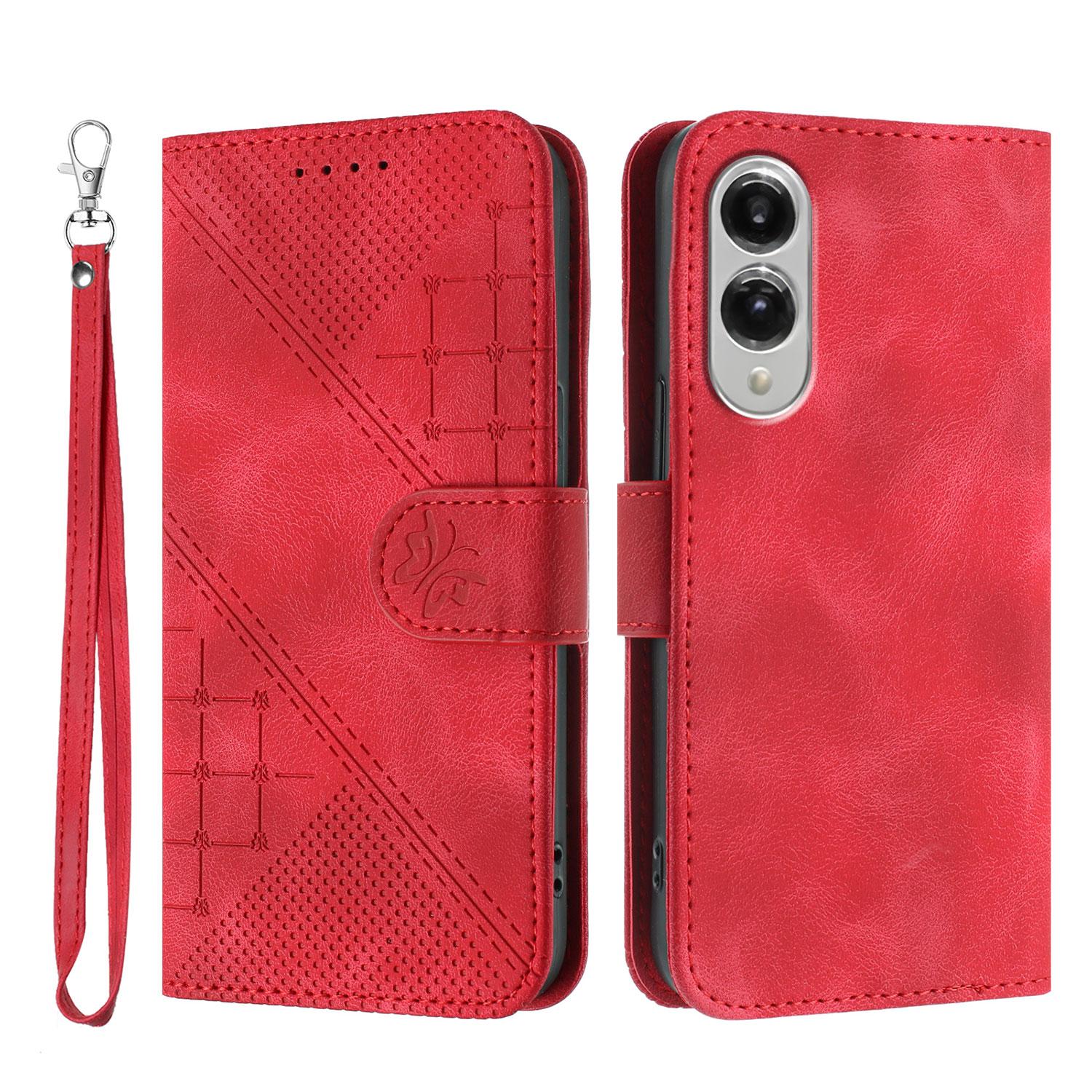 

For Samsung Galaxy S25 Edge Leather Wallet Case Butterfly Flower Imprinted Phone Cover with Strap Red
