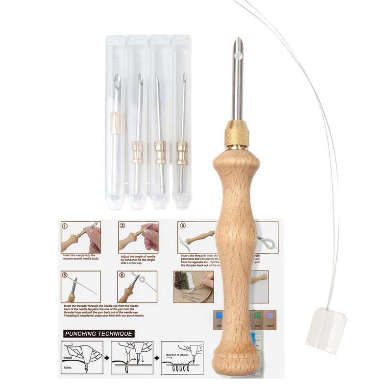 Punch Needle Kits Wooden Handle Punch Pen Embroidery Tools 5/3.5/2.5/2/1.6mm Needles Hooking Tool Kits for Embroidery Floss