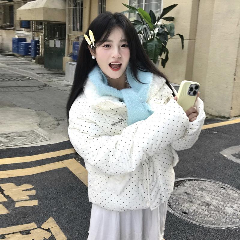 Polka dot sweet short fluffy lapel cotton-padded jacket female students winter new thickened warm cotton clothes