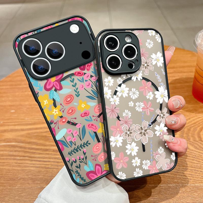 Translucent Matte Magnetic Phone Case For iPhone 17 16 15 Pro 14 13 Pro Max 16e 17e For Magsafe Little Floral Hard PC Back Cover