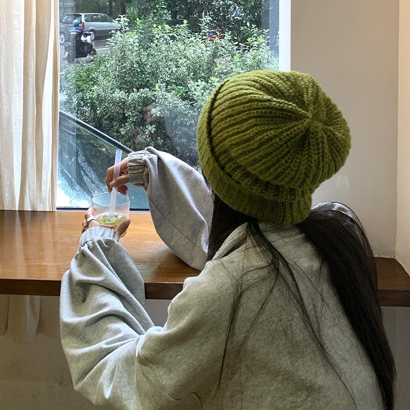Women's Autumn and Winter Korean Style Versatile Green Wool Hat Winter Trend Korean Winter Japanese Face Protecting Knitted Hat