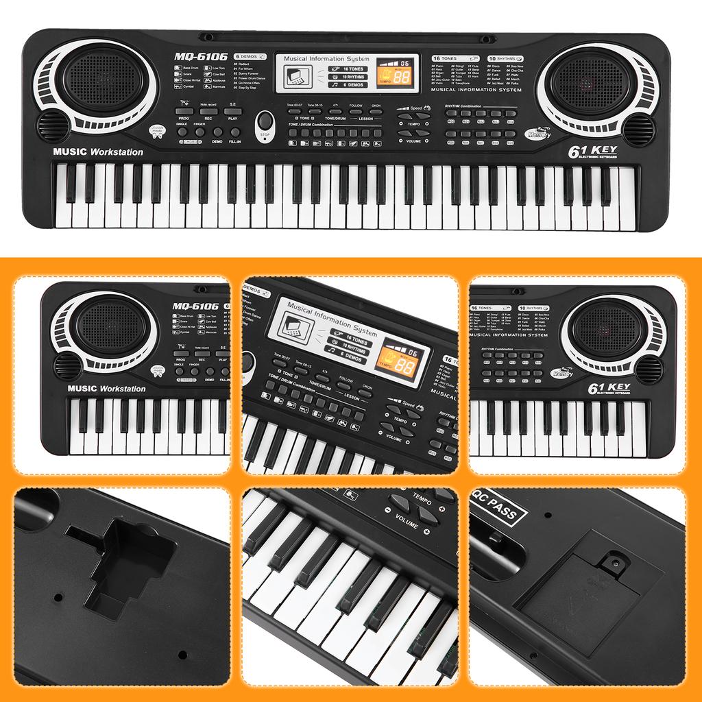 61 Keys USB Electronic Organ Kids Electric Piano with Microphone Black Digital Music Electronic