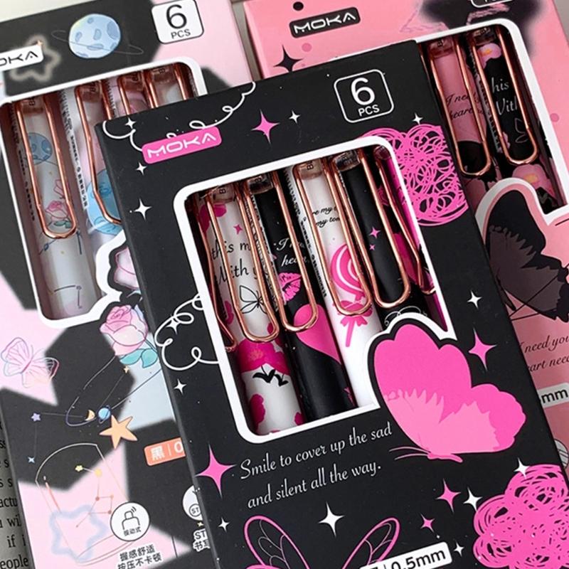 6Pcs Butterfly Gel Pen 0.5MM Tip Quick Dry Ergonomic Grip Retractable Gel Pen Office Supplies for Writing Journaling