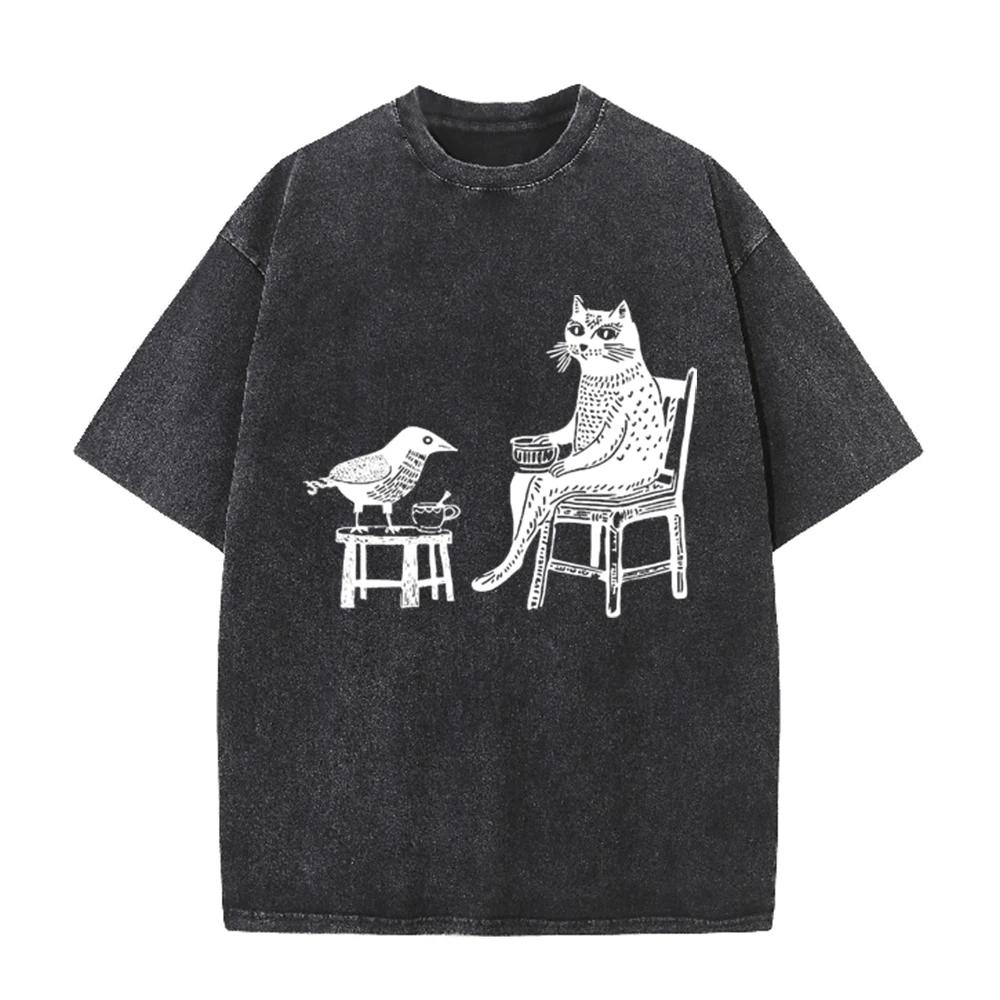 2026 Vintage Washed Grey Cat And Bird Drinking Tea Graphic T Shirt Retro Woodcut Art Print Oversized Casual Short Sleeve Tee