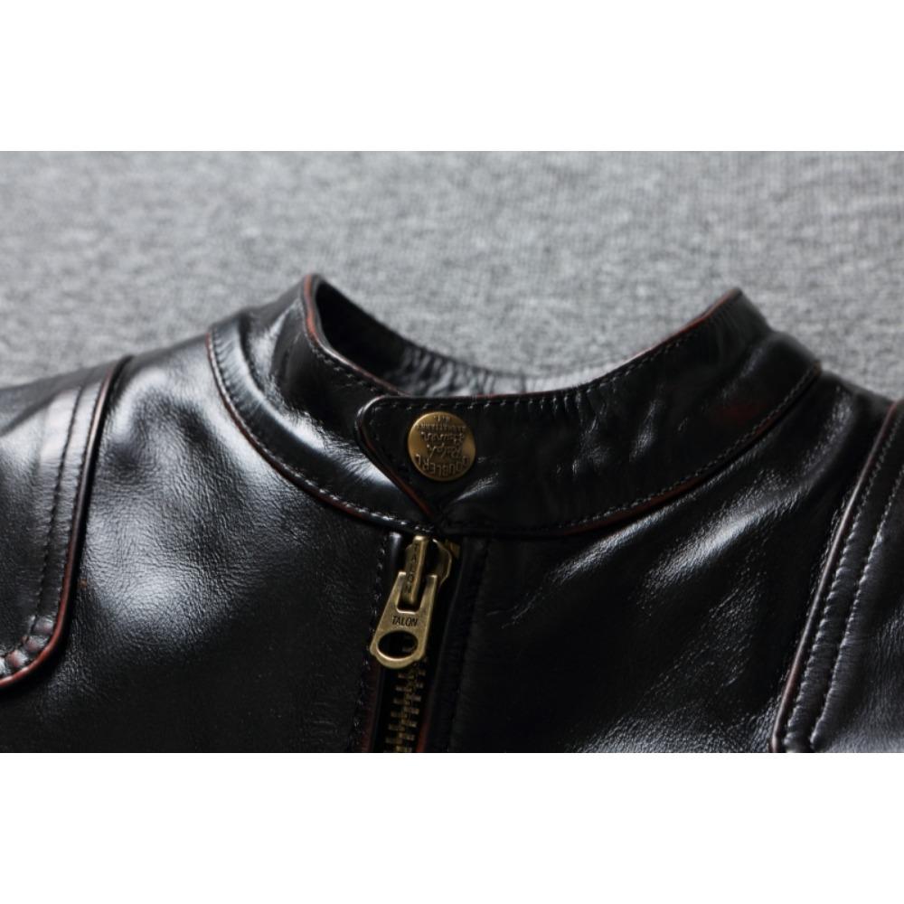 Chinese Size Style RL Top Layer Oil Waxed Cowhide Real Leather Jacket Men Stand Collar Brown Motorcycle Coat Men's Biker Jacket Spring Autumn