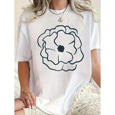 T-shirt da Donna Bianca Nera con Stampa Floreale Grafica Girocollo Manica Corta Leggera Elegante Semplice Casual Top Primavera Estate