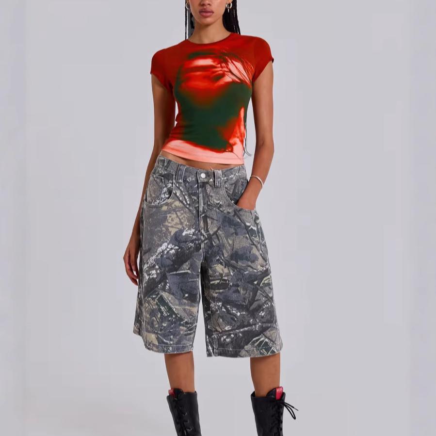 Unisex Leaf Pocket Camouflage Denim Shorts Vintage Washed Pants for Men Women Summer Vintage Loose Straight Baggy Shorts