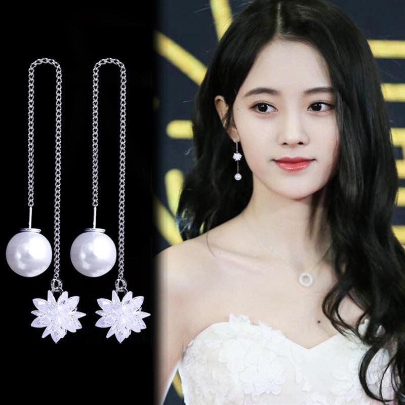 Brincos Longos Coreanos de Prata S925 Agulha Estrela & Lua Folha Trevo para Mulheres