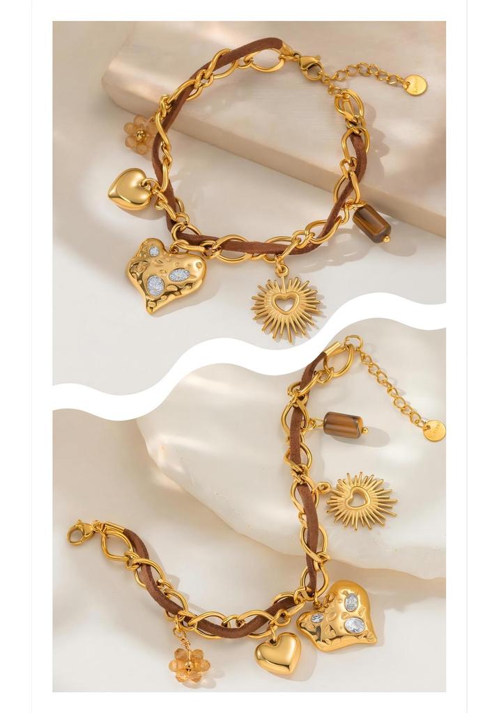 18K Gold-Plated Stainless Steel & Suede Leather Double-Layer Bracelet with Heart and Sun Crystal Pendant Charm