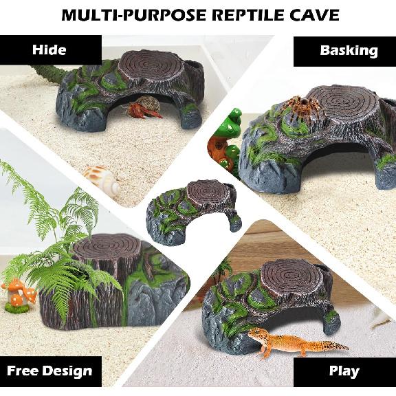 Resin Reptile Hide Cave,Leopard Gecko Cave Hideout Reptiles Habitat Tree Stump Decor Lizard Tank Climbing Ramp Basking Platform Accessories for Gecko
