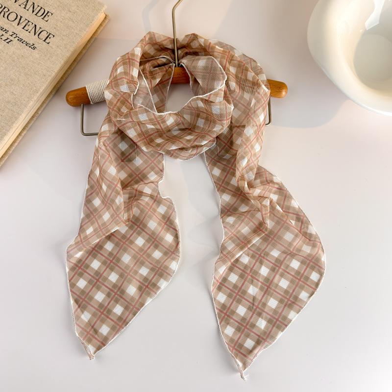 Korean Long Scarves Plaid Floral Print Lightweight Lace Mesh Scarf Versatile Neck Accessory Hair Scarf Neckerchief
