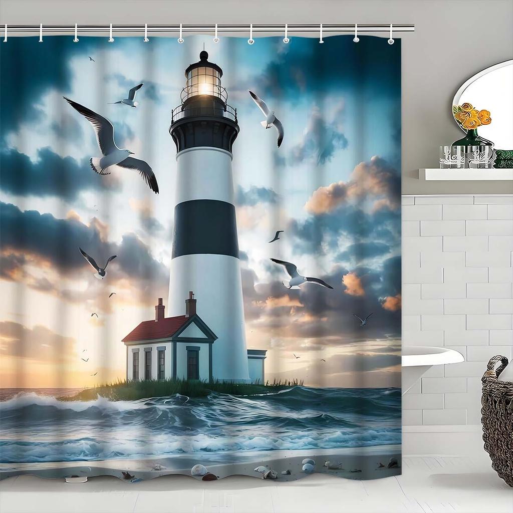 4Pcs Bathroom Shower Curtain Set Nautical ElementsPattern Bathroom Curtain With 12 Hooks Non Slip Rugs Toilet Cover Mat Bathroom Partition