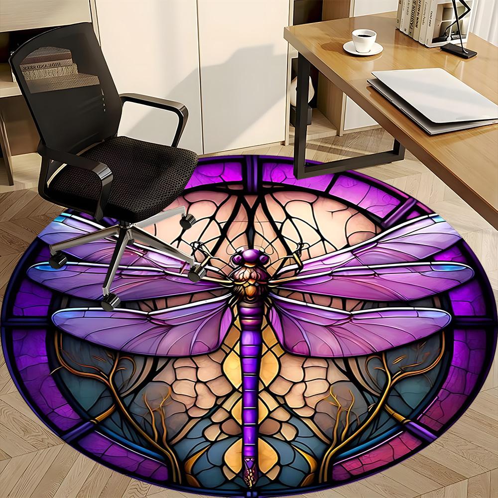 1pc Purple Stained Glass Dragonfly Office Round Area Rug, Under Office Chairs Bedroom Living Room Home Decor, Room Deco