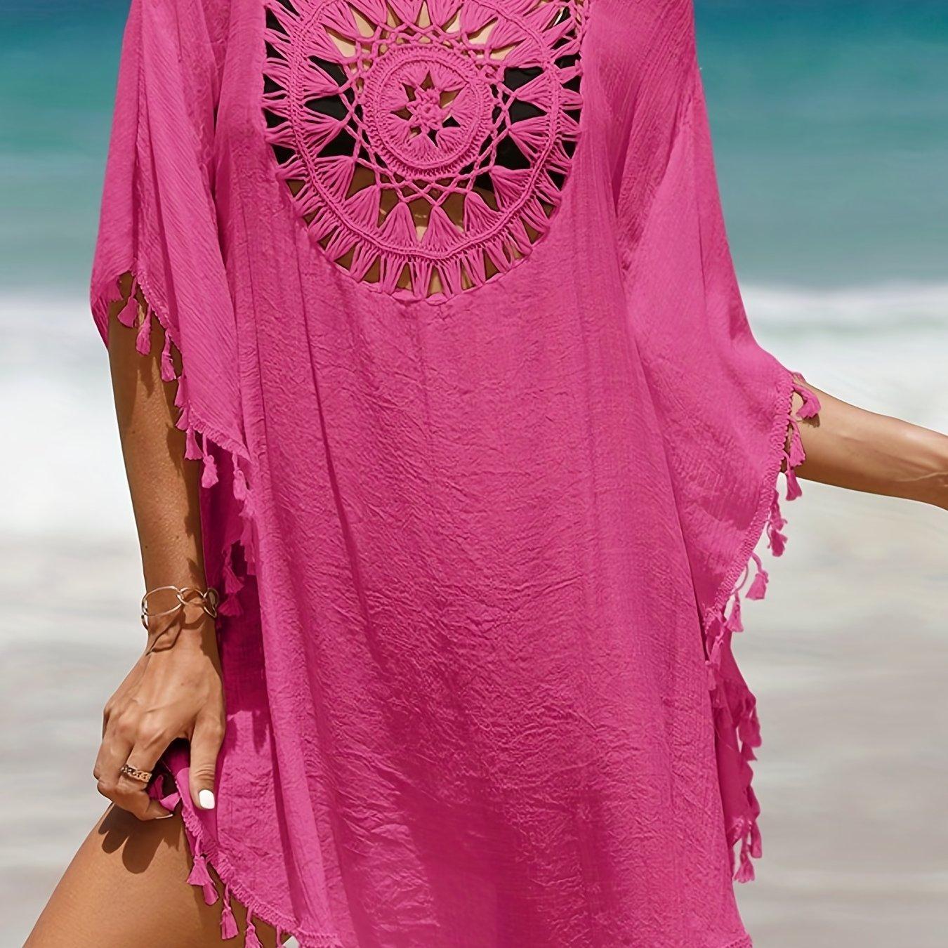 

Вязаная крючком накидка в стиле бохо, женская накидка с круглым вырезом и кисточками, свободная посадка, женские купальники One-size темно-розовый