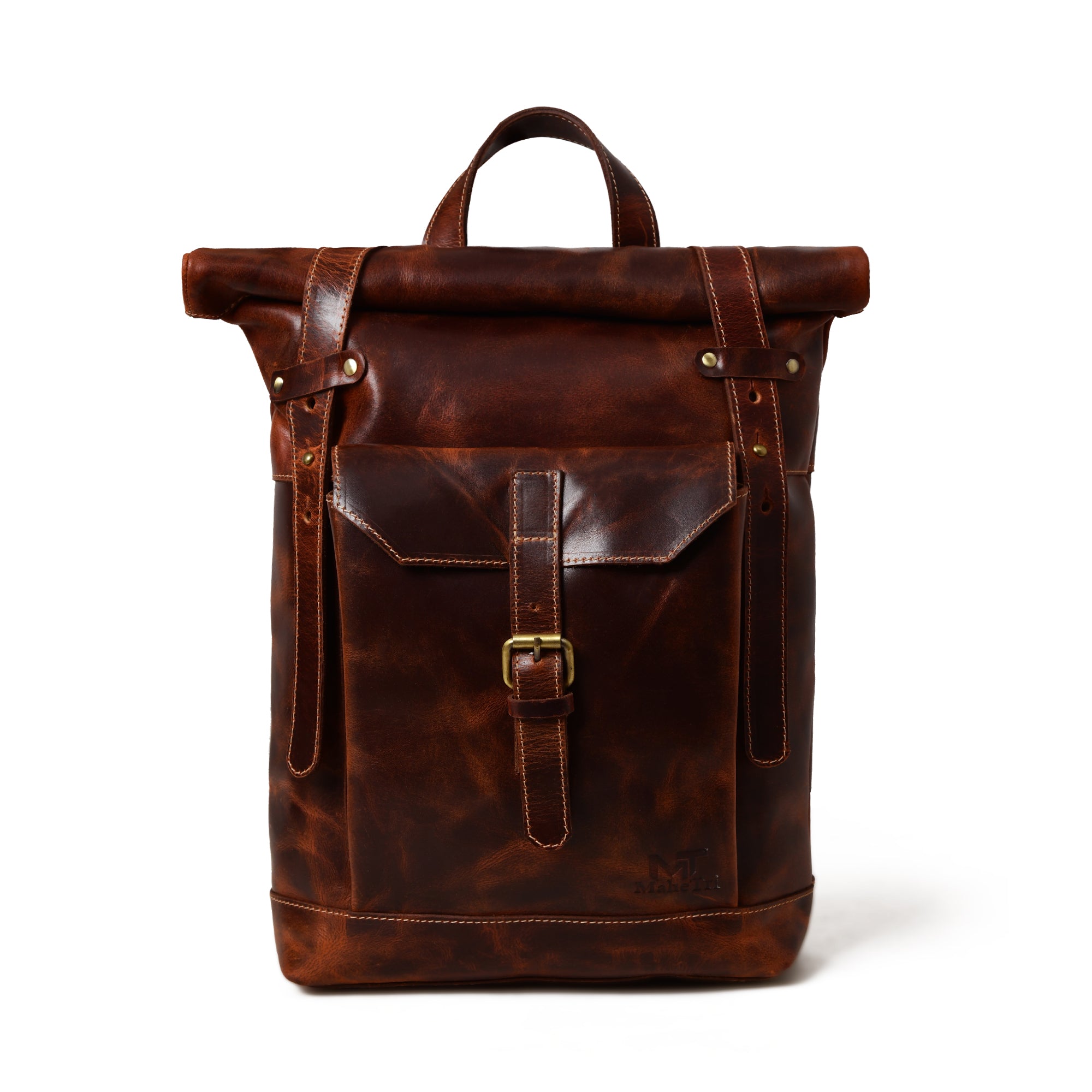

MaheTri Brown Saddleback Backpack- Roll Top Genuine Leather Bag For Everyday Use 16 Inch коричневый