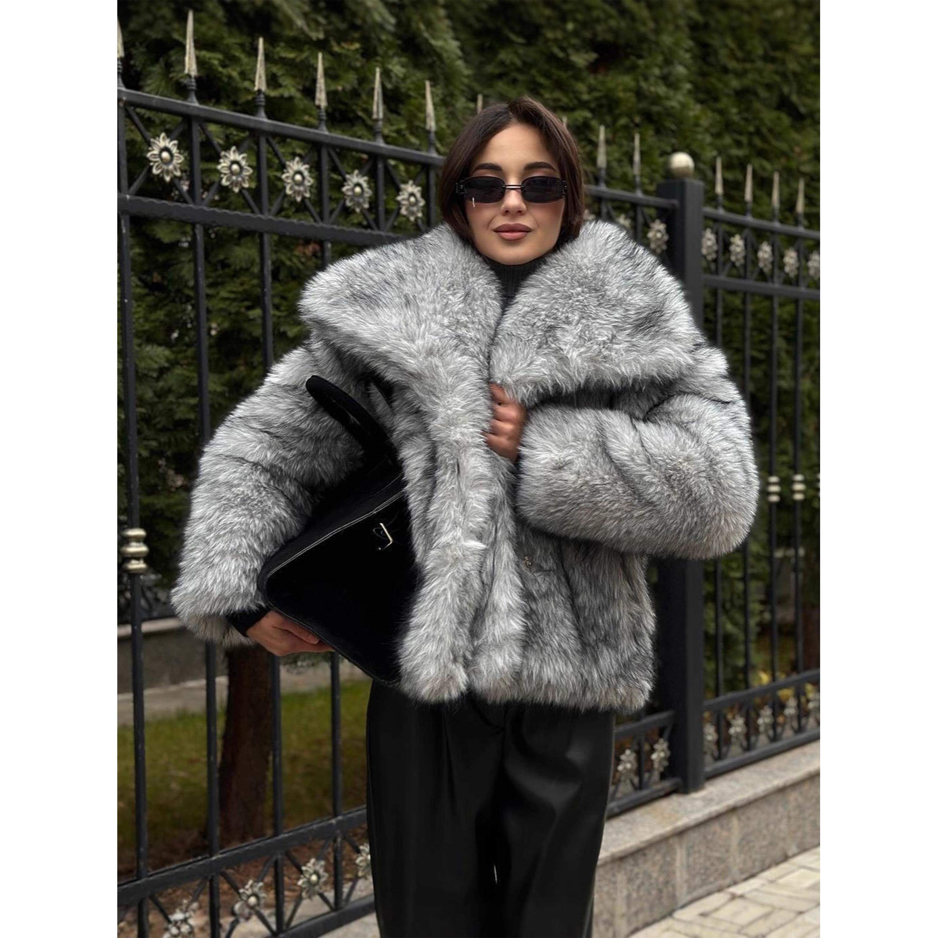 

Imitation silver fox fur coat 2XL серебряный
