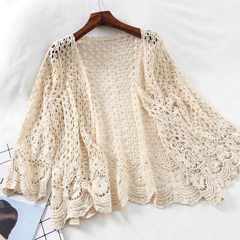 

Open Lace Cardigan Crocheted Hollow Out Shrug Female Casual White Flower Floral Open Stitch Women Sweater Loose Knitted Outwear One Size бежевий