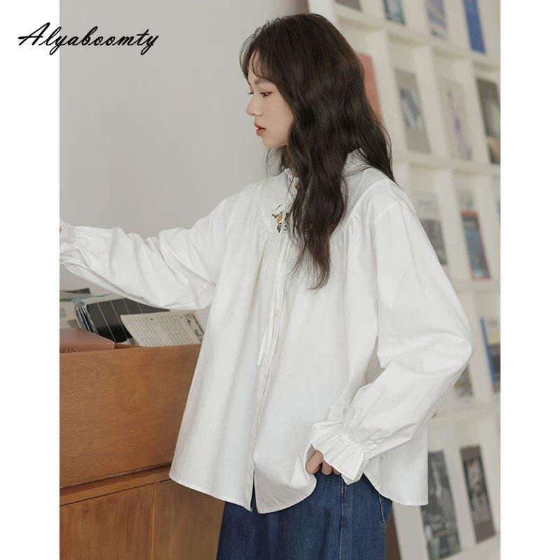 2026 Japanese Mori Girl Plus Size Women Shirt Ruffled Collar Ribbon Floral Embroidery White Oversized Blouse Casual Loose Baggy Basic Top