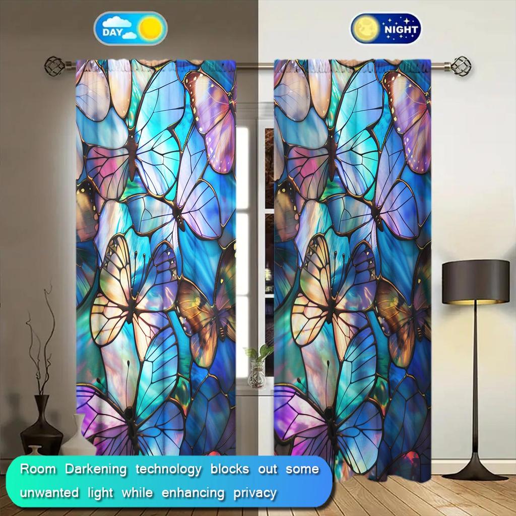 2-Panels Stained Glass Butterfly Semi Blackout Curtain   Half Blackout Suitable for Artistic Home Decorative Curtains