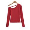 American Spicy Girl One-Shoulder Cutout Long-Sleeve T-Shirt: Slimming, Waist-Cinched, Irregular Cropped Top