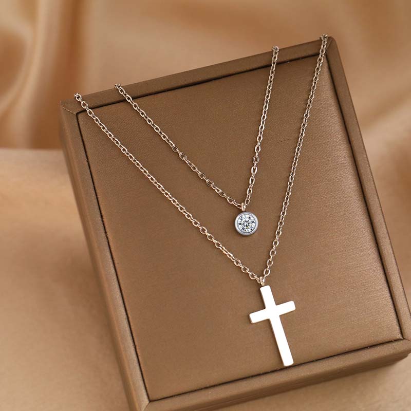 Stainless Steel Gold Color Cross Pendant Necklaces For Women Fashion Metal Double-layer Chain Necklace Zircon Gift