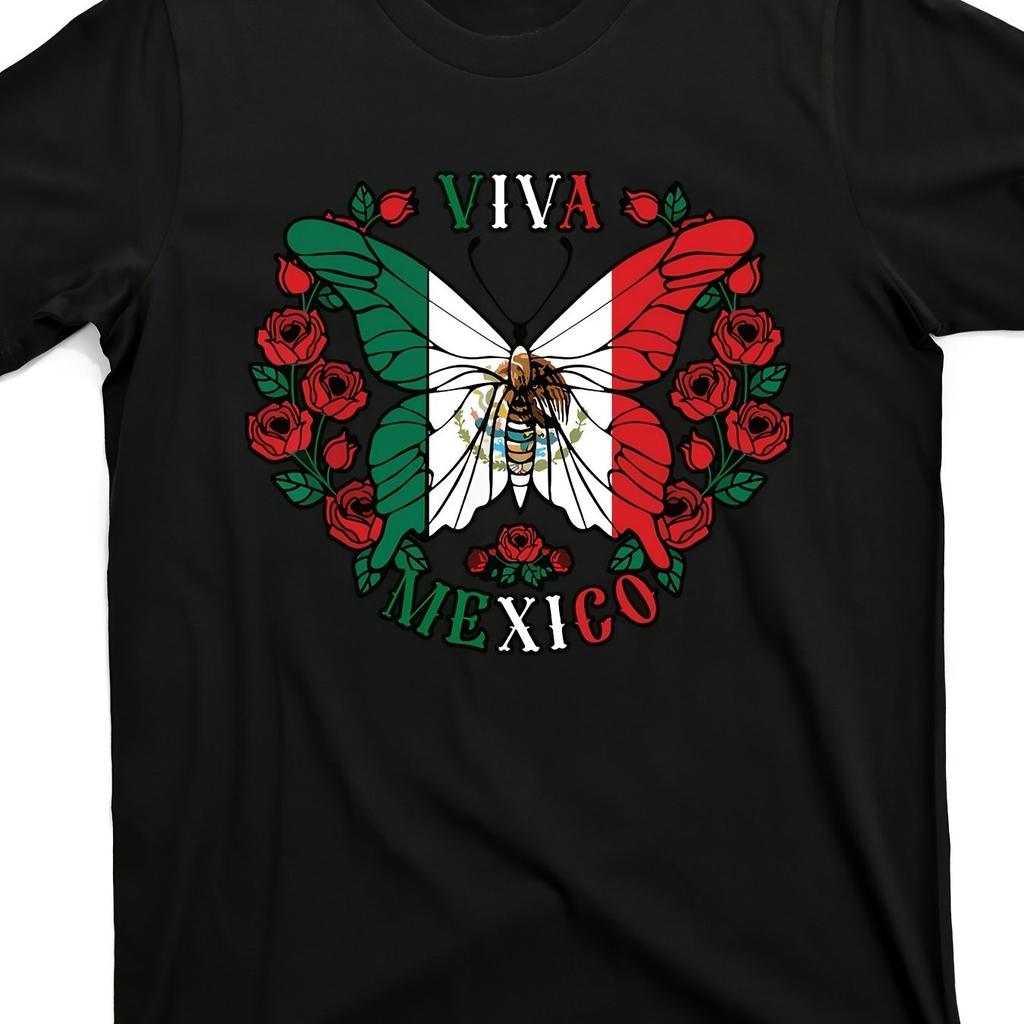 Viva Mexico Butterfly Mexican Flag Graphic Tee Breathable Cotton Casual Short Sleeve TShirt for Adults
