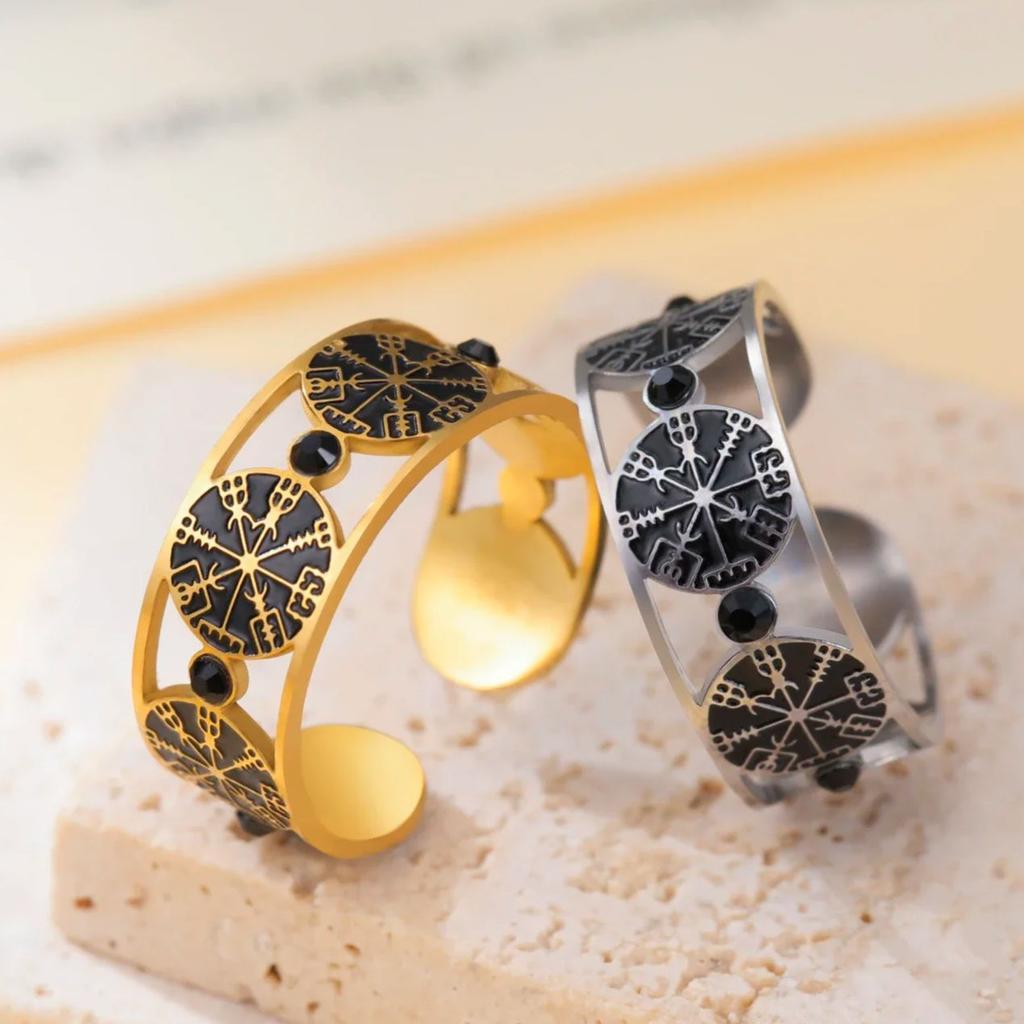 LIKGREAT Norse Vegvisir Rune Ring Viking Compass Rings Adjustable for Men Women Stainless Steel Gothic Jewelry Gift