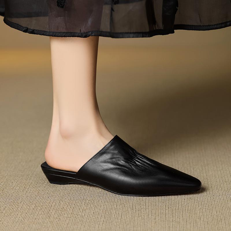 Fashion 2025 Summer Women Shoes Square Toe Low-heel Shoes Slippers Retro Cowhide Leather Shoes for Women Casual Mules for Women Sandals