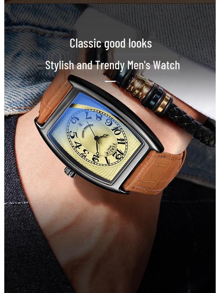 Pánské hodinky Fins Tonneau Classic Modré Světlé Retro Business Vodotěsné Quartzové