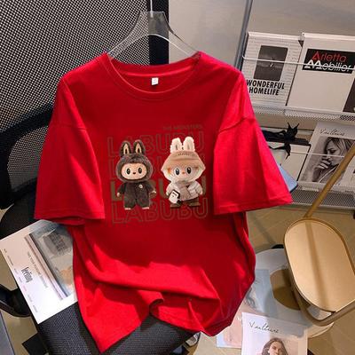 Local Brand Loose Short Sleeve Labubu T-shirts Women Printed Graphic Big Neck Round Tees