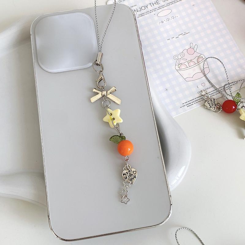 Y2K Sweet Bowknot Fruit Star Beaded Phone Chain Aesthetic Phone Lanyard Girly Cute Ins Style Keychain Pendant For Girls Gift