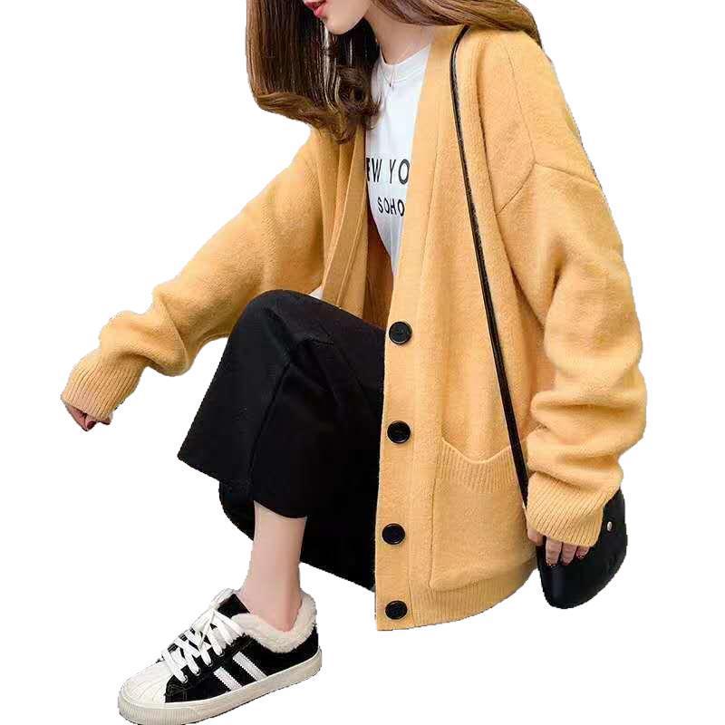 2025 Korean Style Women's V-Neck Knitted Cardigan: Loose-Fit, Solid Color, Single-Breasted with Pockets