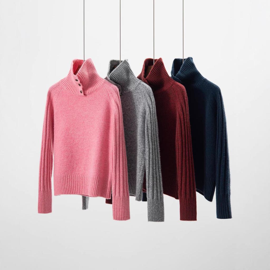 Women's Thickened Double-Strand Pure Wool High-Neck Sweater: Heathered Knit, Long-Sleeve Autumn/Winter Pullover.