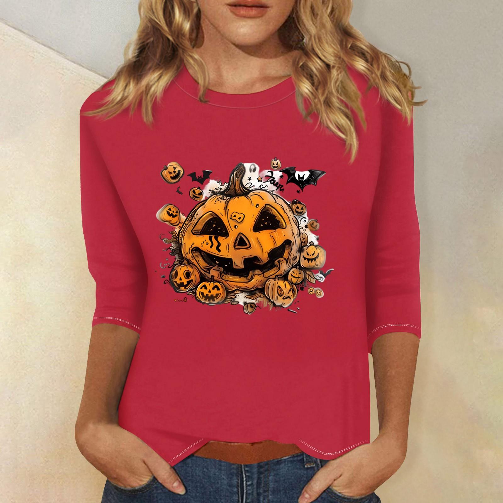 

Women s Fashion Casual Three-quarter Sleeve Halloween Printed Round Neck Top S червоний