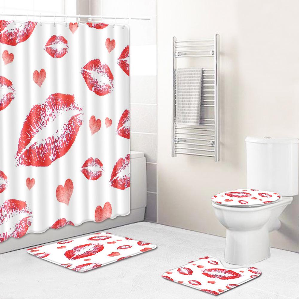 Valentine'S Day Toilet Shower Curtain Four-Piece Printed Floor Mat Set Bathroom Floor Mat Bedroom Absorbent Door Mat Carpet