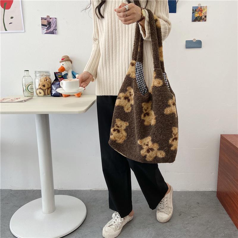 Bolsa de Ombro Única de Pelúcia de Urso, Uso Frente e Verso, Grande Capacidade, Bolsa de Compras