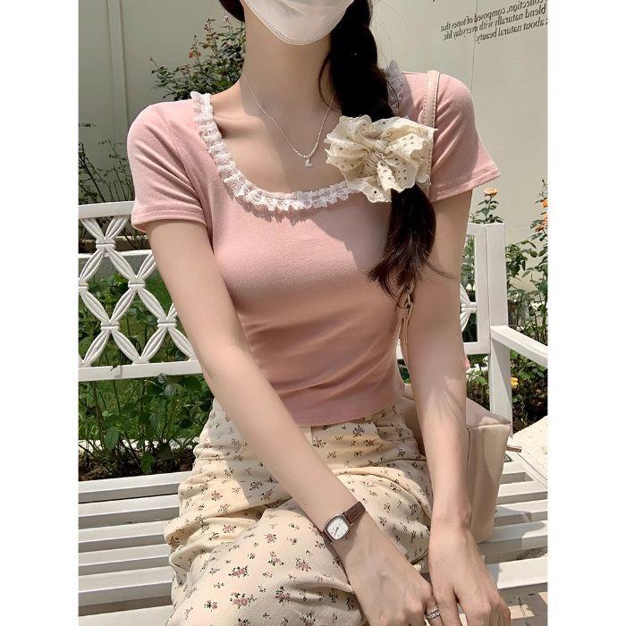 Pure Lace Square Neck Short Sleeve T-Shirt Women s Cotton Summer New Embroidered Low Neck Ballet Wind Shoulder Top S