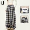 CHOCOOLATEit Women's Lace Trim Plaid High-Waisted Wide-Leg Pants
