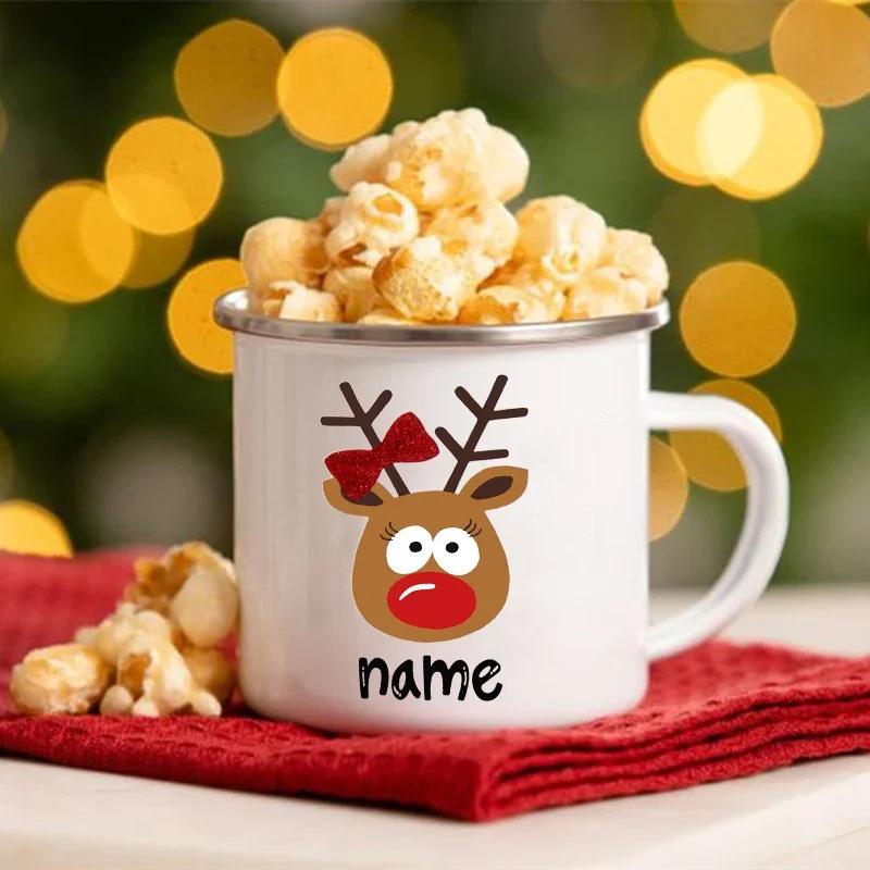 Personalisierte Hirsch-Weihnachts-Emaille-Tassen Benutzerdefinierter Name Heißer Kakao Schokolade Geschwister-Tasse Getränke Saft Tassen mit Griff Weihnachten Geschenke für Kind