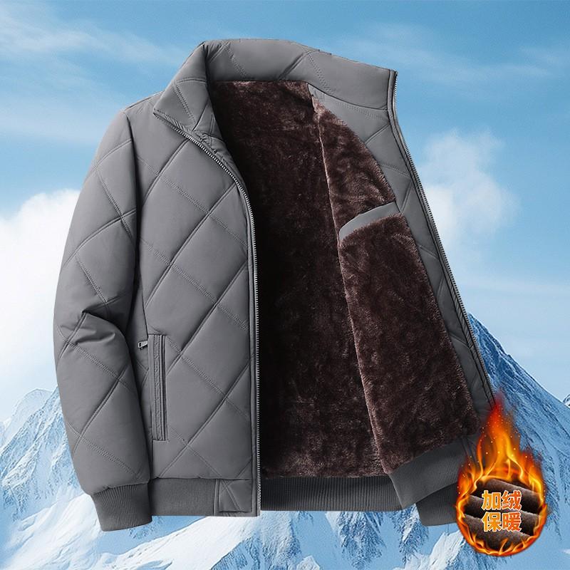 2026 Mens Fleece Lined Padded Jacket Stand Collar Loose Fit Winter Warm Coat Middle-aged