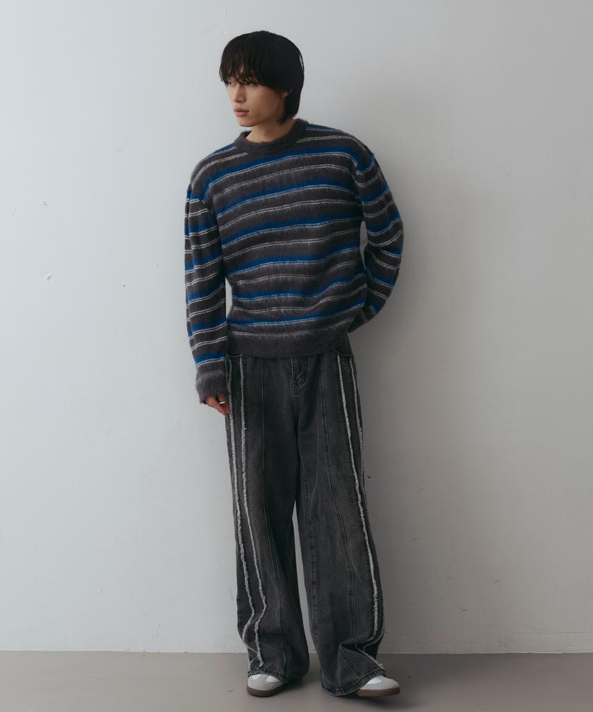 NODU Crop Multi-Stripe Brush Knit [Gray]