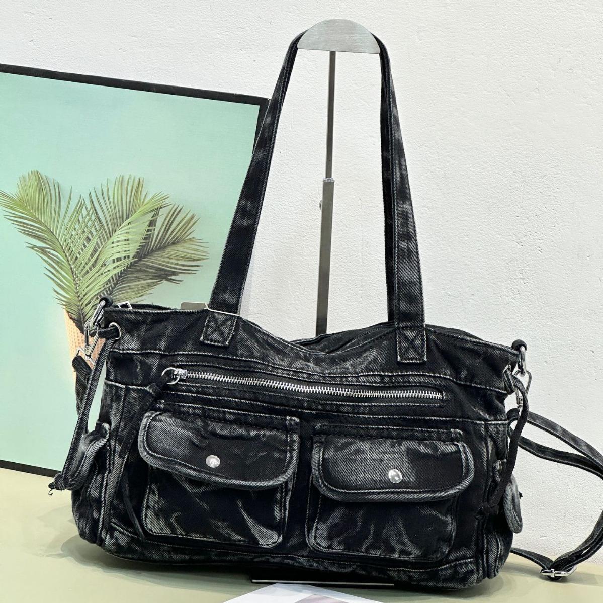 Джинсовая женская сумка-тоут 2025 Новая выстиранная джинсовая женская сумка Американская ретро-сумка Винтажная сумка через плечо чёрный