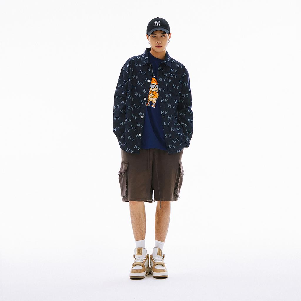 MLB New York Yankees SS24 Letter Print Loose Casual Denim Long Sleeve Shirt Unisex Shirts Deep-Navy-Blue 3ADRM0141-50NYD