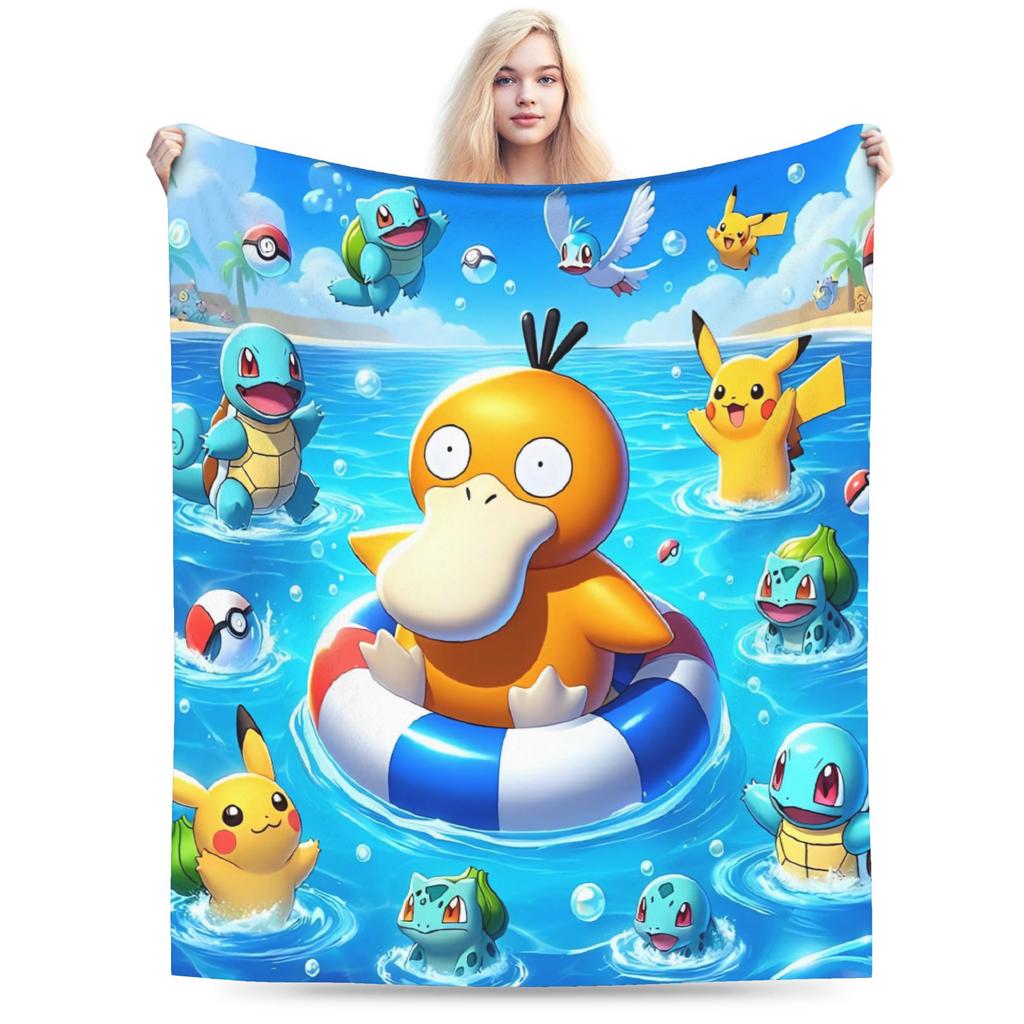 Warm Blanket Travel Office Manga Psyduck Printed Throw Blanket Pokemoned Flannel Bedspread For Outdoor Funny Sofa Bed Cover