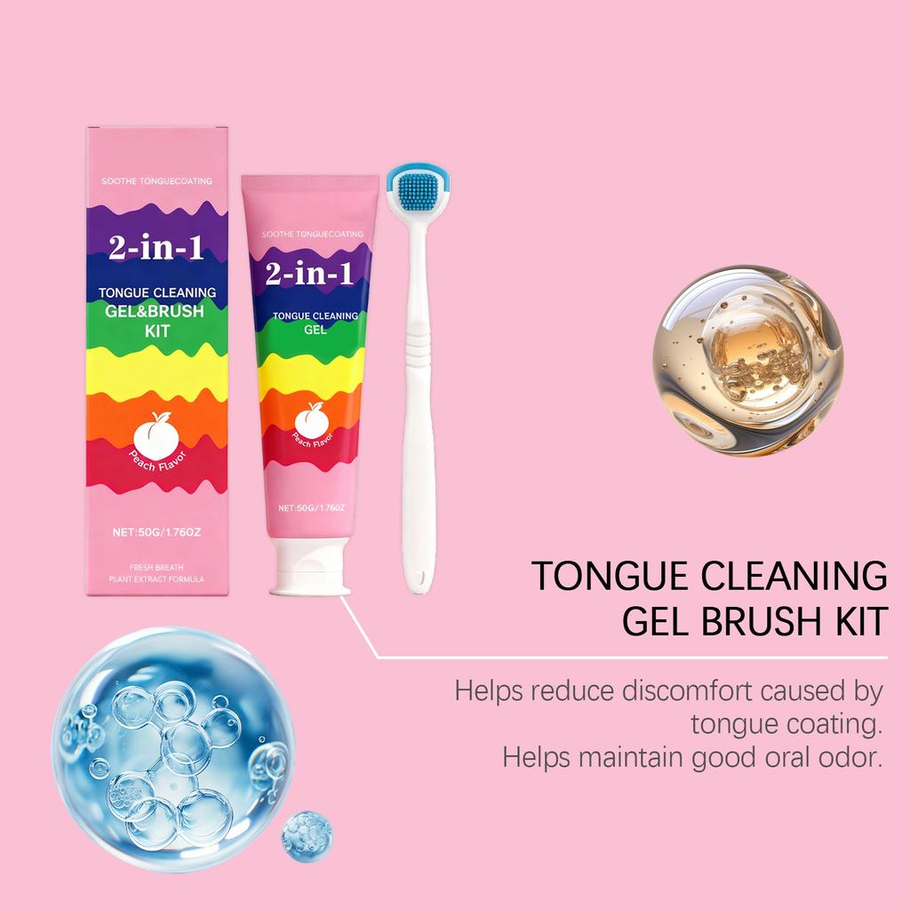 Zungenbelag Reinigungs 2-in-1 Gel-Bürsten-Set zur Erfrischung des Atems, zur Beruhigung des Zungenbelags und zur Mundpflege.