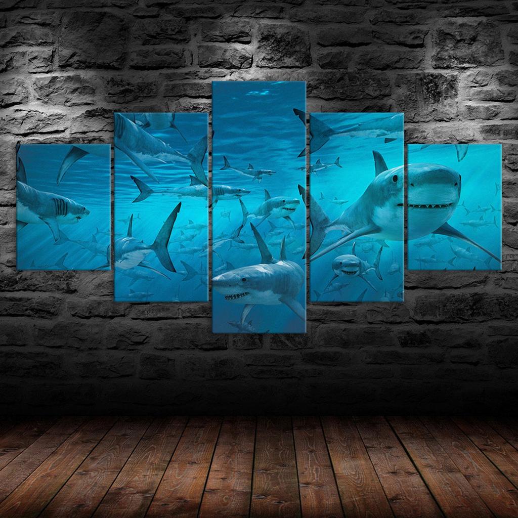 Group Of Sharks Deep Blue Sea 5 Piece Five Panel Wall Canvas Print Modern Art Poster Picture Home Decor Gift For Him For Her