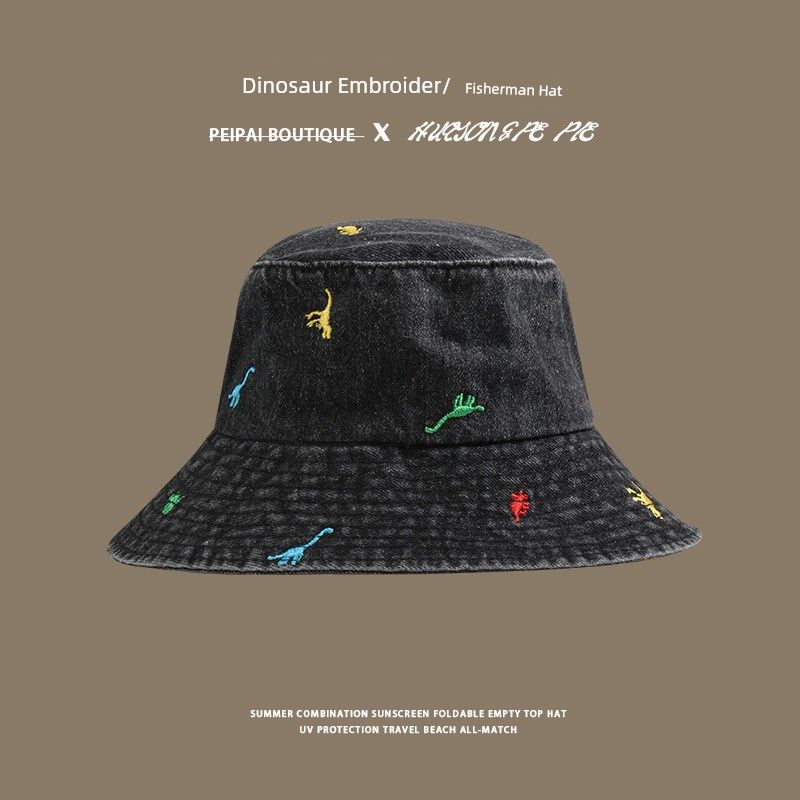 

Dinosaur Embroider Jean Fisherman Hat Female Spring and Autumn Fashion Face-Looking Small Sun Protection Leisure Basin Hat Student Bucket Hat Male C2828 Dinosaur Embroider Denim Fisherman Hat Black
