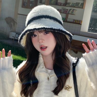 Hat Female Japanese Striped Color Matching Bucket Hat Casual Versatile Face Small Outdoor Winter Warm Bucket Hat
