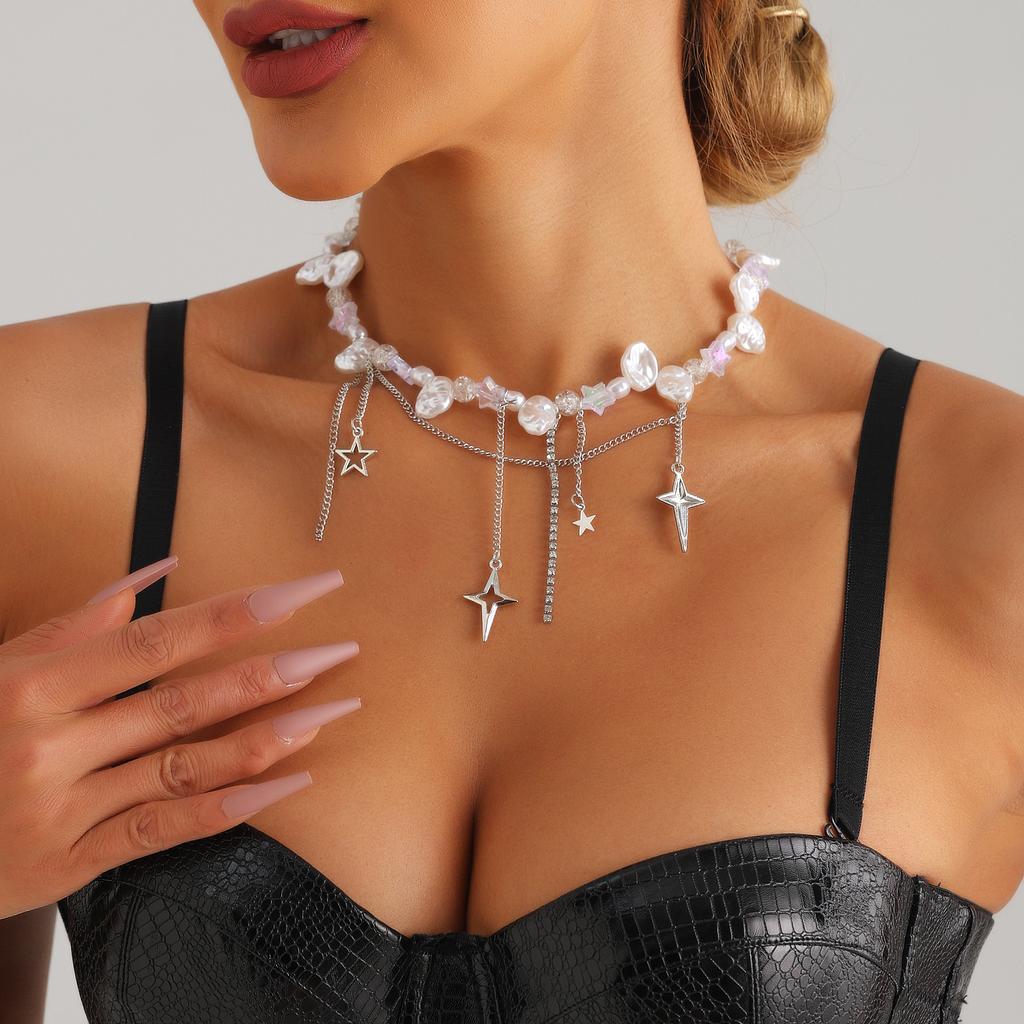 Cold Wind Cross Star Diamond Imitation Pearl Necklace Personalized Stacking Temperament Advanced Clavicle Chain Necklace